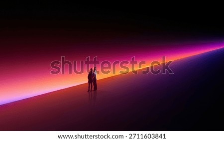 Modern artwork. Two figures facing vivid gradient line in spacious minimal scene. Concept of partnership, brand identity visuals, creative teamwork, finance strategy metaphors, coaching themes.