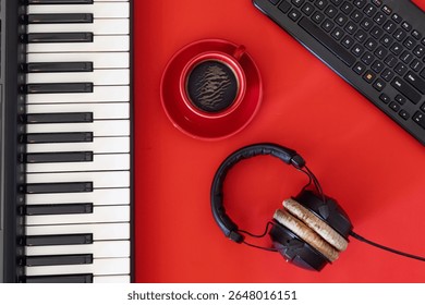 Modern audio setup. Clean flat lay for music and creativity themes.
