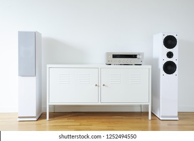 Modern Audio Stereo System With White Speakers On Bureau In Modern Interior