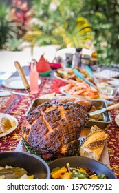 Modern Australian Christmas Dinner Table With Glazed Ham, Prawns, Roast Chicken And Salads.