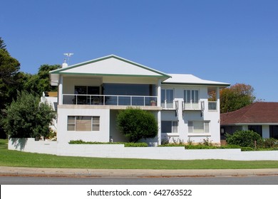 Modern Australian House And Front Yard Garden, Suburban Neighborhood Street In Western Australia