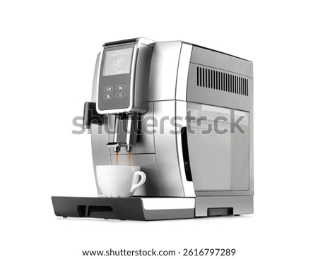 Modern automatic coffee machine with digital display brews double espresso into white cup. Isolated on white. File includes path. Sleek design, perfect for home, office, or café use.