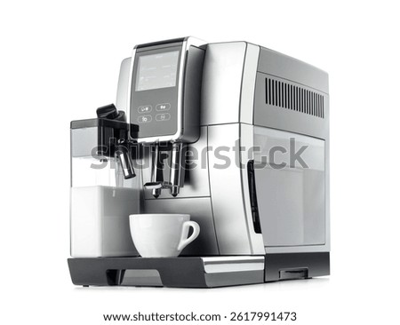 Modern automatic coffee machine with digital display, white cup, and integrated milk frother for cappuccino. Isolated on white background. File contains a clipping path.