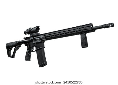 Modern automatic rifle isolated on white background. Weapons for police, special forces and the army. A carbine with red dot sight on a white background.