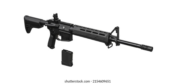 Modern automatic rifle. Weapons for police, special forces and the army. Automatic carbine with mechanical sights. Assault rifle on white back. Isolate on a white background.м