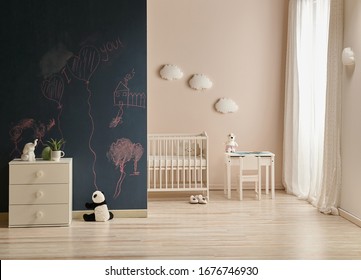 Modern Baby Room Dark Black Board Wall With Chalk, Wooden Cabinet And Cradle Background.