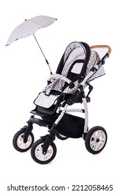 Modern Baby Stroller With Bassinet And Car Seat Isolated On A White Background