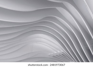 Modern Background of wavy lines and geometric shapes on white colors wall interior and exterior building decoration. Abstract texture white wave pattern. Beautiful modern, simple radial pattern.