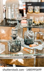 Modern Bar Cart With Dark Gray Glass Decanters 