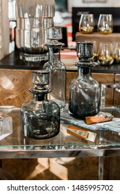 Modern Bar Cart With Dark Gray Glass Decanters 