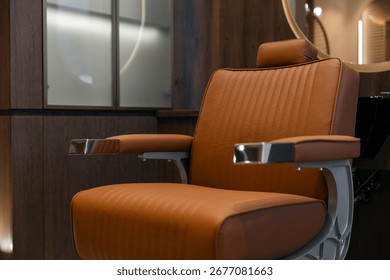 Modern barber shop interior with stylish leather chair in focus, barbershop.