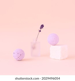 Modern Bath Tools. Lavender Bath Balls, Oil, Lavender Flower. Minimalism Style. 