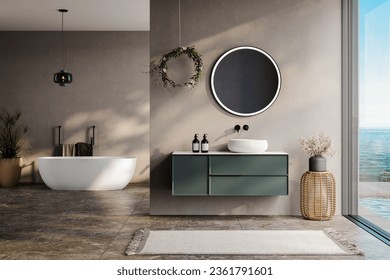 modern bathroom with beige and soil tone walls, white bathtub, green vanity, black mirror, sink, terrazzo floor, and a view of the pool and sea from the window - Powered by Shutterstock