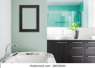 Modern Bathroom with blank wall for your test, image or logo. Soft Green Pastel Colors