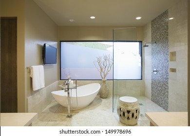 Modern bathroom with freestanding bath at home