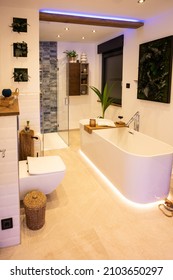 Modern bathroom with freestanding bathtub, modern taps and LED ambient lighting