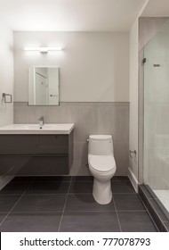 Modern Bathroom With Gray Wall Hanged Vanity And Full Size Vanity Sink And Glass Shower Door