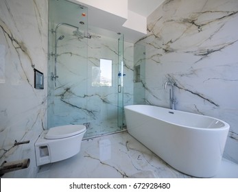 Modern Bathroom Interior With Bathtub And Glass Shower Enclosure