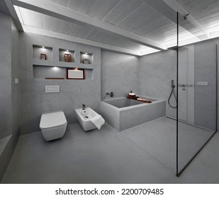  modern bathroom interior covered in grey resin with tub and shower in masonry, a glass wall separates their from the entrance door
separates - Shutterstock ID 2200709485