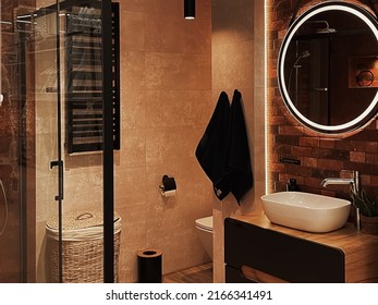 Modern Bathroom Interior, Eco-friendly Furniture Decor Made Of Organic And Sustainable Materials, Home Decor And Luxury Design Concept
