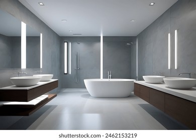 Modern bathroom interior with gray walls, concrete floor, white bathtub and double sink. 3d rendering - Powered by Shutterstock