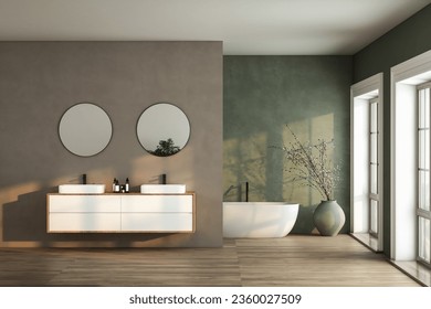 Modern bathroom interior with soil tone and green color walls, parquet floor, double sink, bathtub, plant. - Powered by Shutterstock