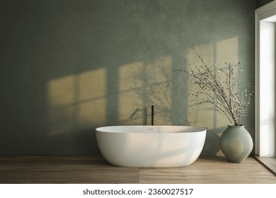 Modern bathroom interior with soil tone and green color walls, parquet floor, double sink, bathtub, plant. - Powered by Shutterstock