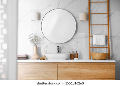 Modern Bathroom Interior With Stylish Mirror And Vessel Sink