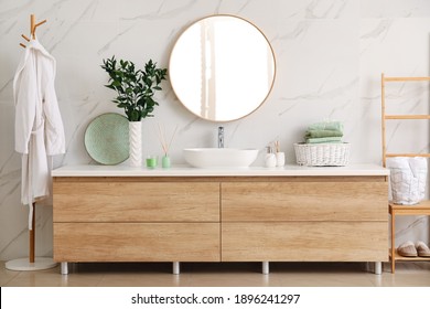 Modern Bathroom Interior With Stylish Mirror And Vessel Sink