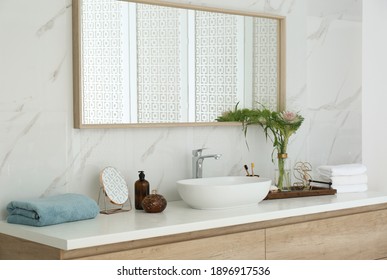 Modern Bathroom Interior With Stylish Mirror And Vessel Sink