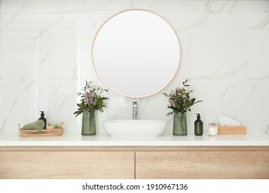 Modern Bathroom Interior With Stylish Mirror And Vessel Sink