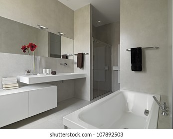 Modern Bathroom With Masonry Shower Cubicle And Bathtub