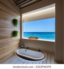 A modern bathroom with ocean view. Modern bathroom scene. - Powered by Shutterstock