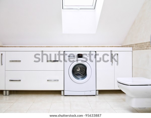 Modern Bathroom Shiny White Cabinets Washing Stock Photo Edit Now