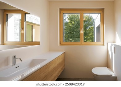 Modern bathroom with toilet and sink. There is a bright window with a view of nature. Nobody inside