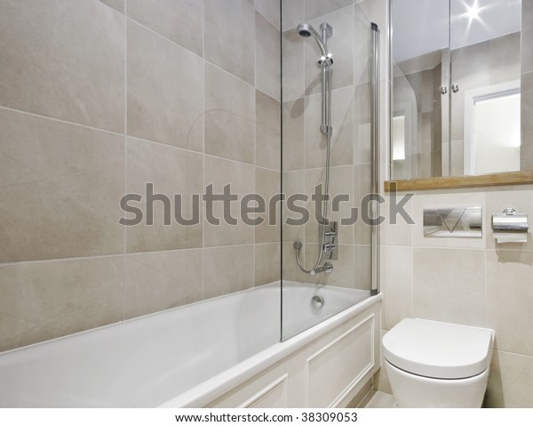 Modern Bathroom White Ceramic Appliances Beige Stock Photo Edit