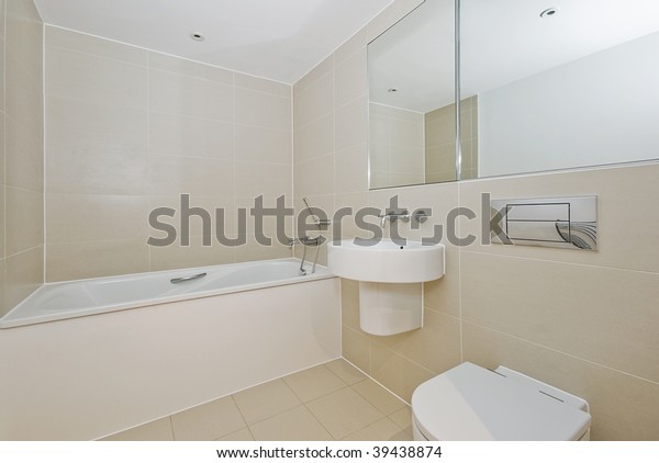 Modern Bathroom White Ceramic Appliances Floor Stock Photo