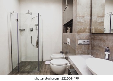 Modern bathroom in white and gray tones with mosaic on wide angle view. Real estate concept. - Shutterstock ID 2215044499
