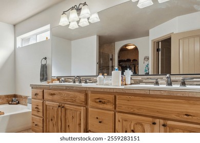 Modern bathroom with wooden vanity and natural light enhancing the spacious atmosphere during daytime - Powered by Shutterstock