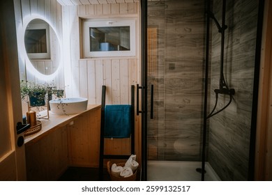 A modern bathroom with a wooden vanity, round LED mirror, vessel sink, glass shower, and decorative plants, creating a cozy and stylish ambiance.
