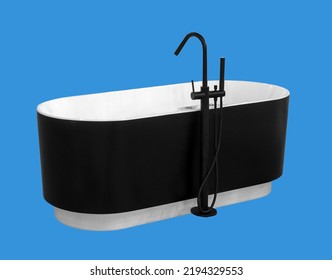 Modern Bathtub With Faucet Isolated With Blue Background