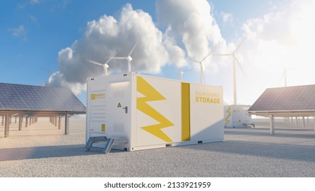 modern battery energy storage system with wind turbines and solar panel power plants in background - Shutterstock ID 2133921959