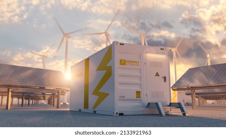 modern battery energy storage system with wind turbines and solar panel power plants in background at sunset - Shutterstock ID 2133921963