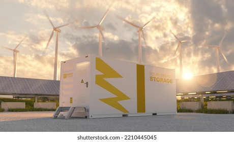 modern battery energy storage system with wind turbines and solar panel power plants in background at sunset. New energy concept image - Shutterstock ID 2210445045