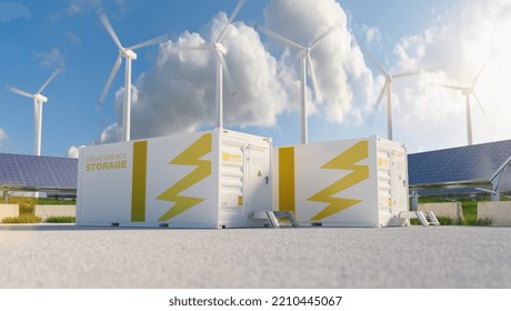 modern battery energy storage system with wind turbines and solar panel power plants in background. New energy concept image - Shutterstock ID 2210445067