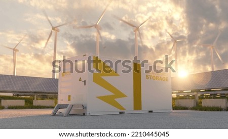 modern battery energy storage system with wind turbines and solar panel power plants in background at sunset. New energy concept image