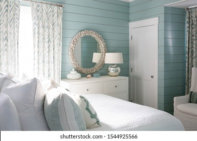 Modern Beach House Bedroom With Teal Walls