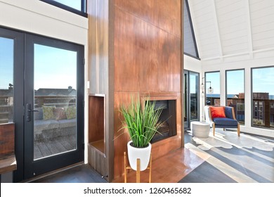 Modern Beach House With Custom Copper Fireplace Living Room.  