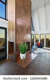 Modern Beach House With Custom Copper Fireplace Living Room.  