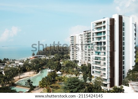 Modern beautiful luxury hotel resort building and blue sky in rayong, Thailand